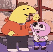 a yellow cartoon character is standing next to a pink cartoon character with big eyes .