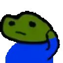 a pixel art of a green frog wearing a blue shirt with a sad face .