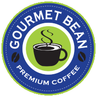 a gourmet bean premium coffee logo with a cup of coffee in the center