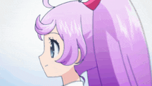 a drawing of a girl with purple hair and a red bow