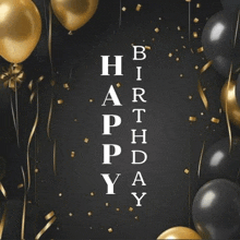 black and gold balloons and confetti on a black background with the words happy birthday
