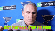 a man says just play goal stop the puck on a blue background