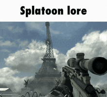 a person holding a sniper rifle in front of the eiffel tower with the words splatoon lore below it