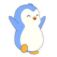 a blue penguin with orange feet is standing with its arms outstretched
