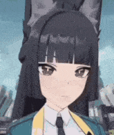 a close up of a cartoon character with black hair and a cat ear