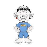 a cartoon character wearing a wow shirt and shorts