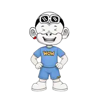 a cartoon character wearing a wow shirt and shorts