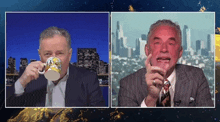 a man in a suit drinking from a mug and another man with red faces
