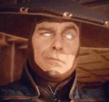 a close up of a man wearing a hat and a helmet with his eyes glowing .