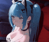 a girl with blue hair and cat ears is wearing a white tank top