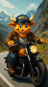 a bull wearing a blue hat that says bullx rides a motorcycle