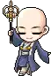 a pixel art illustration of a bald monk holding a sword .