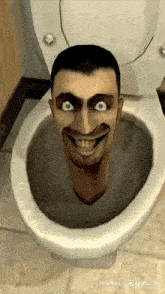a man 's head is sticking out of a toilet with a smiling face