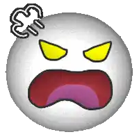 an angry smiley face with yellow eyes and a cloud coming out of it 's head