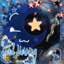 a picture of a moon and stars with the words good morning