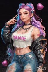 a girl with purple hair is wearing a tank top that says yanie