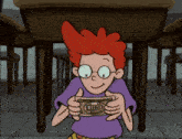 a cartoon character with red hair is holding a dollar bill in his hands