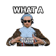 a man wearing a wig and sunglasses is holding a nothing burger