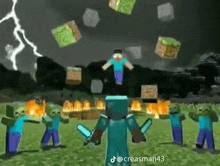 a group of minecraft characters are standing in a field with a lightning strike in the background .