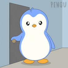 a cartoon penguin is standing in front of a door with the word pengu on the bottom