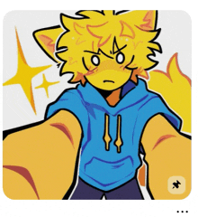 a cartoon drawing of a yellow furry character with a blue hoodie