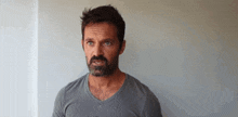 a man with a beard is wearing a grey shirt and looking at the camera .