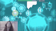 a woman playing a video game with gears and a score of 69.89 %
