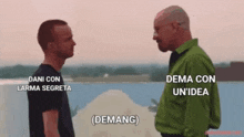 two men are standing next to each other and one of them is wearing a green shirt and the other is wearing a black shirt