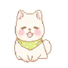 a pixel art drawing of a dog wearing a green scarf and hearts .