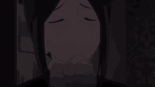 a girl with red eyes and black hair is wearing a black hat