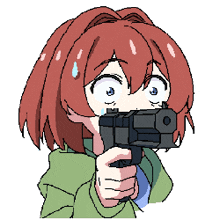 a pixel art drawing of a girl with red hair pointing a gun