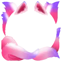 a white background with pink and purple ears and tails