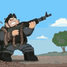 a cartoon character is holding a gun in his hand .