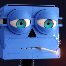 a robot with blue eyes is smoking a cigarette with smoke coming out of it 's mouth