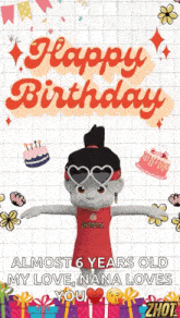 a happy birthday greeting card with a stuffed animal wearing sunglasses and a red dress .