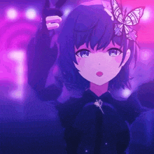 a girl with purple hair has a butterfly on her head