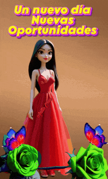 a cartoon doll in a red dress with the words un nuevo dia nuevas oportunidades