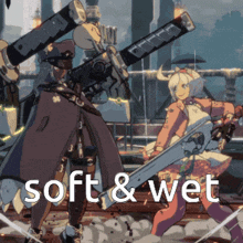 a cartoon character holding a sword with the words soft and wet behind them
