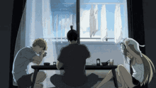 a group of anime characters are sitting around a table