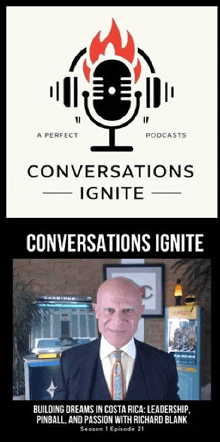a man in a suit and tie is featured on a podcast called conversations ignite