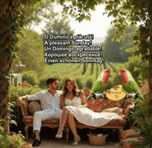 a man and a woman sit on a couch with two birds behind them