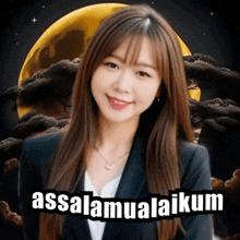 a woman in a suit stands in front of a full moon and the words assalamualaikum