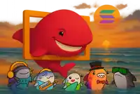 a group of sharks are in the ocean with a large red whale in the background