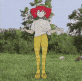 a girl with red hair and yellow shorts is standing in a grassy field .