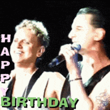 two men singing into microphones with the words happy birthday in green letters