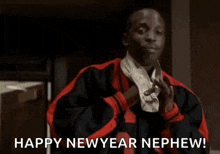 a man in a red and black jacket is holding a towel around his neck and says `` happy new year nephew '' .