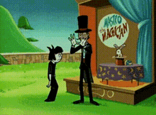 a man in a top hat is standing in front of a sign that says " maestro magician "