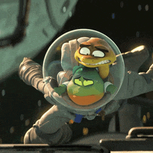 a cartoon character in a space suit is holding another cartoon character in a bubble