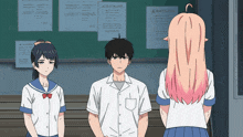 a group of anime characters standing in front of a blackboard with papers on it