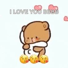 a teddy bear is hugging another teddy bear and saying `` i love you bbbb '' .